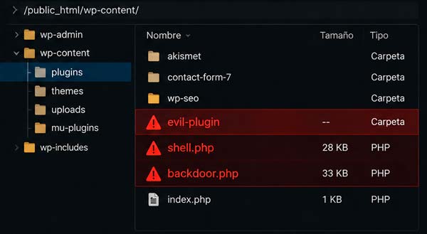 Plugin malicioso y webshell instalados en una web WordPress vulnerable