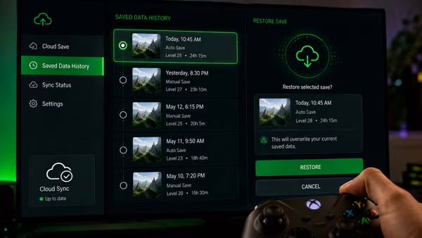 Menú de Xbox para restaurar datos guardados anteriores desde la nube