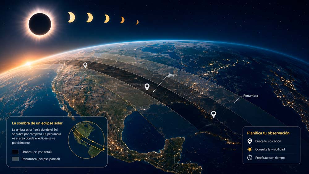 Zona de sombra de un eclipse solar con umbra y penumbra sobre la Tierra