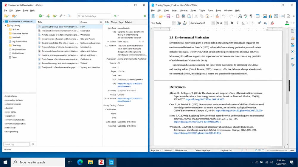 Zotero y LibreOffice utilizados para insertar citas y preparar la bibliografía de un trabajo académico