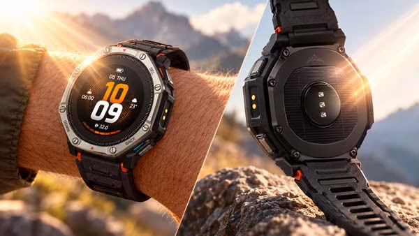 Amazfit T-Rex Dual Solar mostrando su sistema de carga solar frontal y trasera
