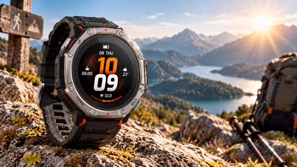 Amazfit T-Rex Dual Solar al aire libre mostrando su diseño rugged y su enfoque de carga solar