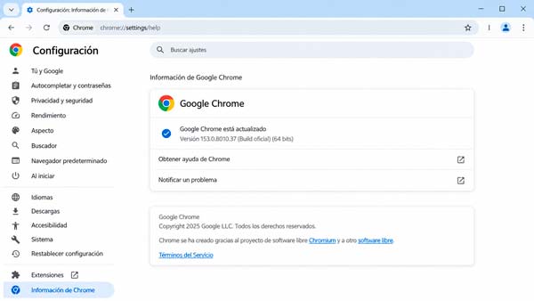 Página Información de Google Chrome utilizada para comprobar y aplicar Chrome 153