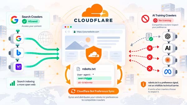 Cloudflare Bot Preference Sync publica preferencias de búsqueda y entrenamiento en robots.txt