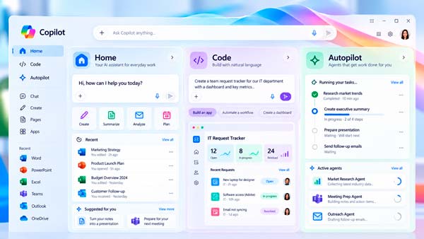 Interfaz oficial del nuevo Microsoft Copilot con Home, Code y Autopilot