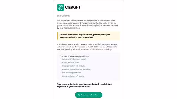 Correo de phishing que suplanta a ChatGPT Plus y solicita actualizar el método de pago