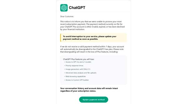 Correo de phishing que suplanta a ChatGPT Plus y solicita actualizar el método de pago