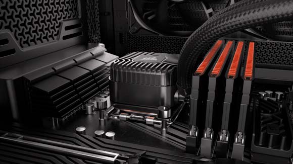 CORSAIR NAUTILUS II RS negro con bomba FlowDrive 2S instalada sobre la CPU