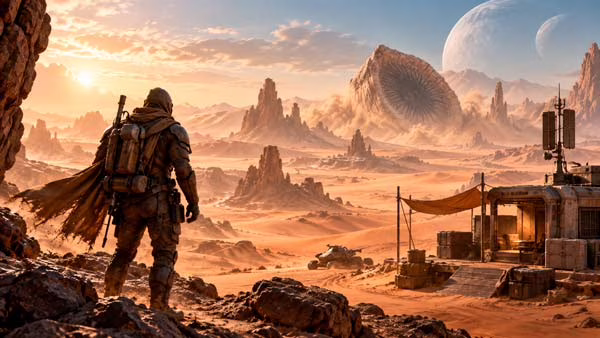 Personaje de Dune Awakening explorando Arrakis en la versión para consolas