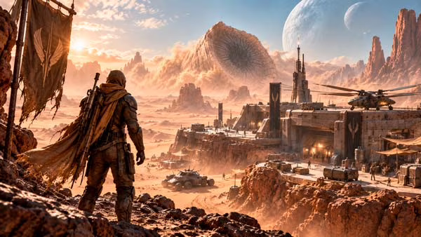 Ornitóptero y gusano de arena durante la exploración de Arrakis en Dune Awakening