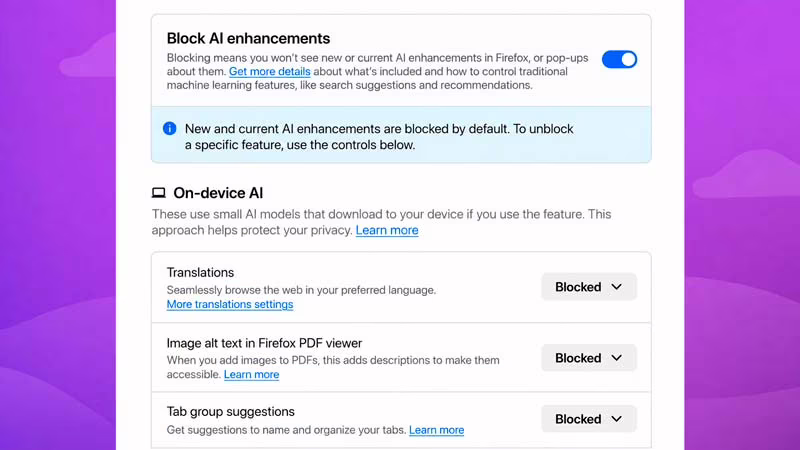 Panel de controles de IA de Firefox con el interruptor para bloquear las funciones de inteligencia artificial