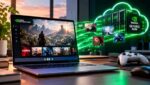 Googlebook con GeForce NOW mostrando juegos de PC mediante gaming en la nube de NVIDIA