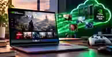 Googlebook con GeForce NOW mostrando juegos de PC mediante gaming en la nube de NVIDIA
