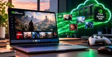 Googlebook con GeForce NOW mostrando juegos de PC mediante gaming en la nube de NVIDIA