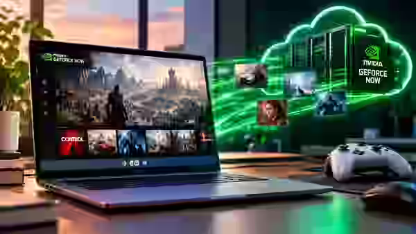 Googlebook con GeForce NOW mostrando juegos de PC mediante gaming en la nube de NVIDIA