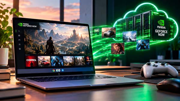 Googlebook con GeForce NOW mostrando juegos de PC mediante gaming en la nube de NVIDIA