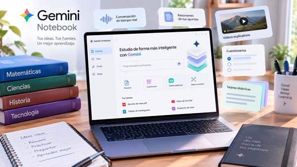 Gemini Notebook con apuntes, cuestionarios, flashcards y herramientas de estudio con inteligencia artificial