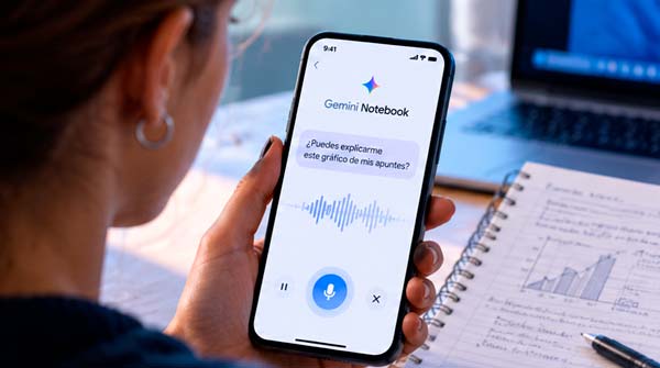 Gemini Notebook grabando una clase desde el móvil para añadir el audio a las fuentes