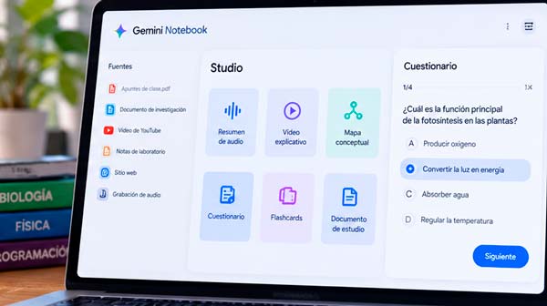Gemini Notebook creando cuestionarios y flashcards a partir de materiales de estudio