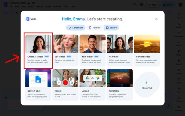 Opción Crear vídeos con IA de Google Vids con Gemini Omni 1.1 Flash