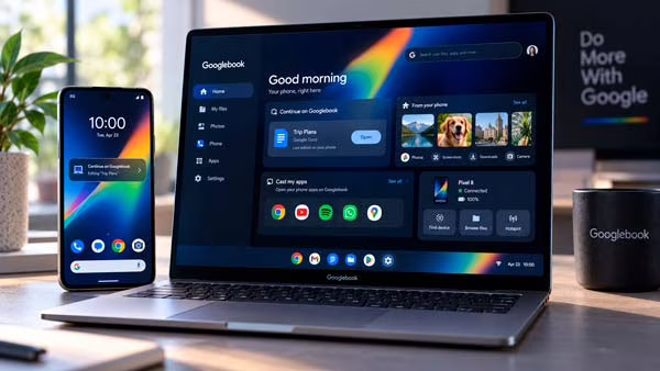 Googlebook mostrando funciones de integración con Android como Continue On, Quick Access y Cast My Apps