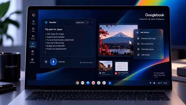 Funciones de Gemini en Googlebook como Magic Pointer y Rambler en un portátil oficial de Google