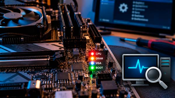 Herramienta Hardmaniacos Diagnóstico PC con pestañas para pitidos BIOS, códigos POST, LED y acceso a BIOS