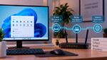PC con Windows 11 conectado a un router mientras se configura una dirección IP fija en la red local
