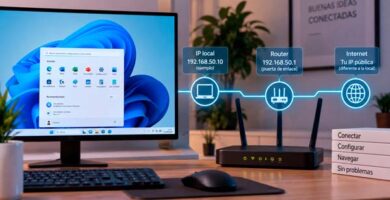 PC con Windows 11 conectado a un router mientras se configura una dirección IP fija en la red local