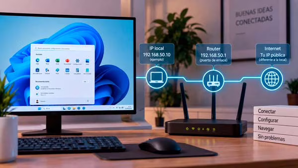 PC con Windows 11 conectado a un router mientras se configura una dirección IP fija en la red local