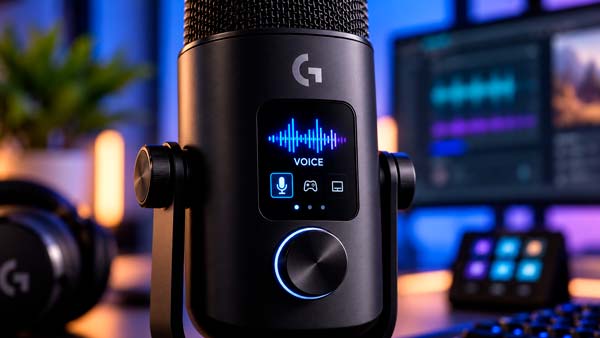 Pantalla LED de 1,3 pulgadas del Logitech Yeti 2 mostrando la interfaz Yeti UI