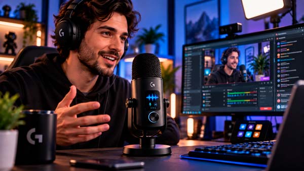 Logitech Yeti 2 instalado en un setup para streaming, podcast y creación de contenido