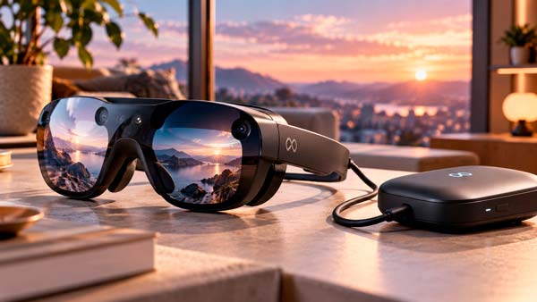 Meta VR Glasses conectadas mediante cable óptico al módulo externo que contiene procesador, batería y almacenamiento