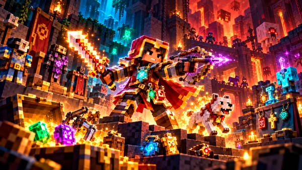 Personaje de Minecraft Dungeons II utilizando nuevas piezas de armadura, equipo y talismanes