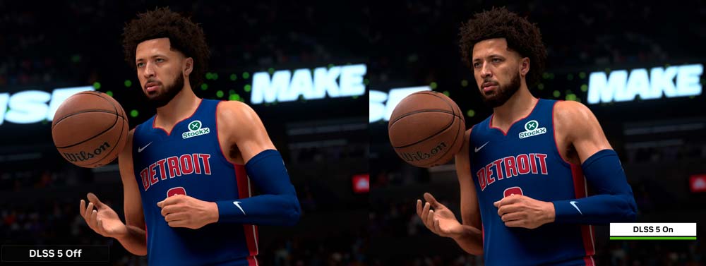 Comparativa oficial de NBA 2K27 con DLSS 5 ON y OFF mostrando cambios de iluminación y materiales