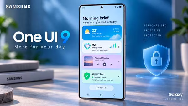 Now Brief de One UI 9 con tarjetas personalizadas y avisos de seguridad y privacidad