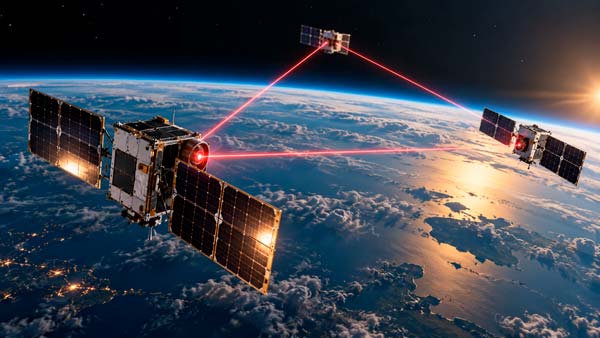 Concepto de varios satélites de Project Suncatcher conectados mediante enlaces láser de alta velocidad