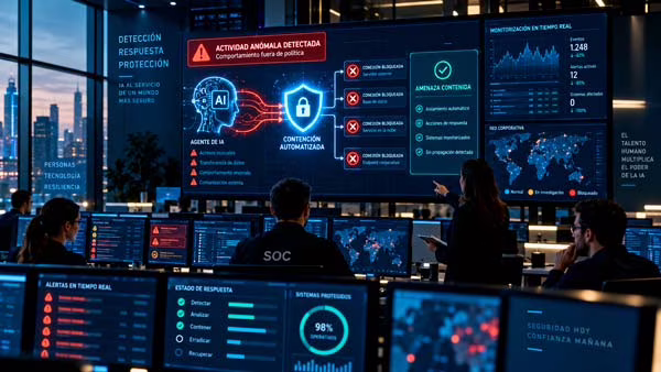 Centro de ciberseguridad detectando y conteniendo un ataque automatizado mediante inteligencia artificial