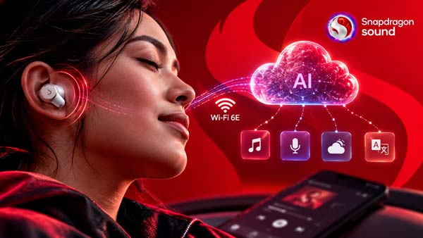Snapdragon Sound Apps and Agents conectando auriculares inteligentes con asistentes y servicios de inteligencia artificial mediante Wi-Fi 6E