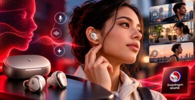 Concepto de auriculares inteligentes con Snapdragon Sound Elite Gen 2 y funciones de inteligencia artificial