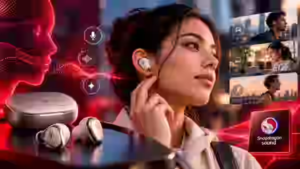 Concepto de auriculares inteligentes con Snapdragon Sound Elite Gen 2 y funciones de inteligencia artificial