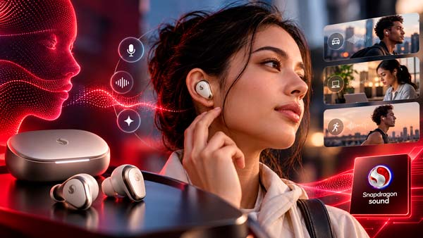 Concepto de auriculares inteligentes con Snapdragon Sound Elite Gen 2 y funciones de inteligencia artificial
