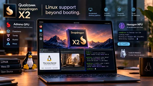 Snapdragon X2 mostrando soporte Linux para GPU Qualcomm Adreno y aceleración mediante NPU Hexagon