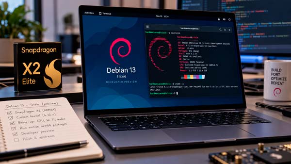 Linux basado en Debian 13 ejecutándose sobre un portátil con procesador Snapdragon X2