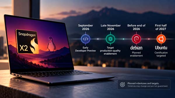 Hoja de ruta de Linux para Snapdragon X2 con Debian en 2026 y Ubuntu certificado previsto para 2027