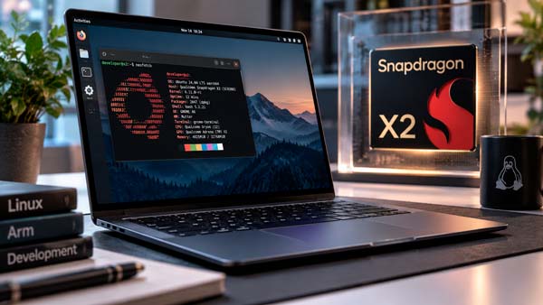 Portátil con procesador Qualcomm Snapdragon X2 ejecutando Linux