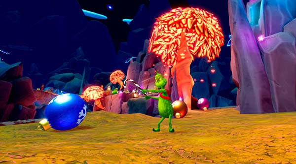 El Grinch recoge adornos de Navidad en un nivel de The Grinch 2 Saving Christmas