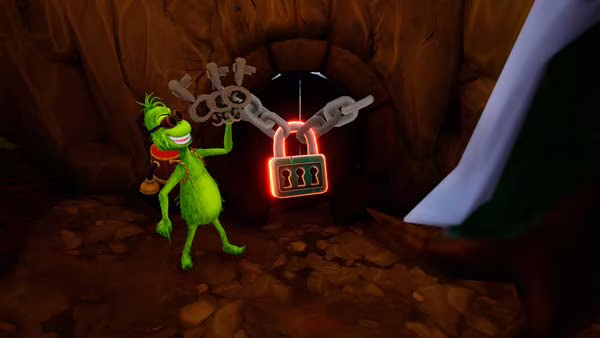 El Grinch intenta superar una puerta encadenada durante un nivel de The Grinch 2 Saving Christmas