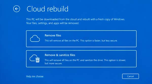 Windows 11 Cloud rebuild con las opciones Remove files y Remove and sanitize files