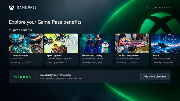 Interfaz oficial de Xbox Cloud Gaming con horas restantes y opción para añadir más tiempo de juego